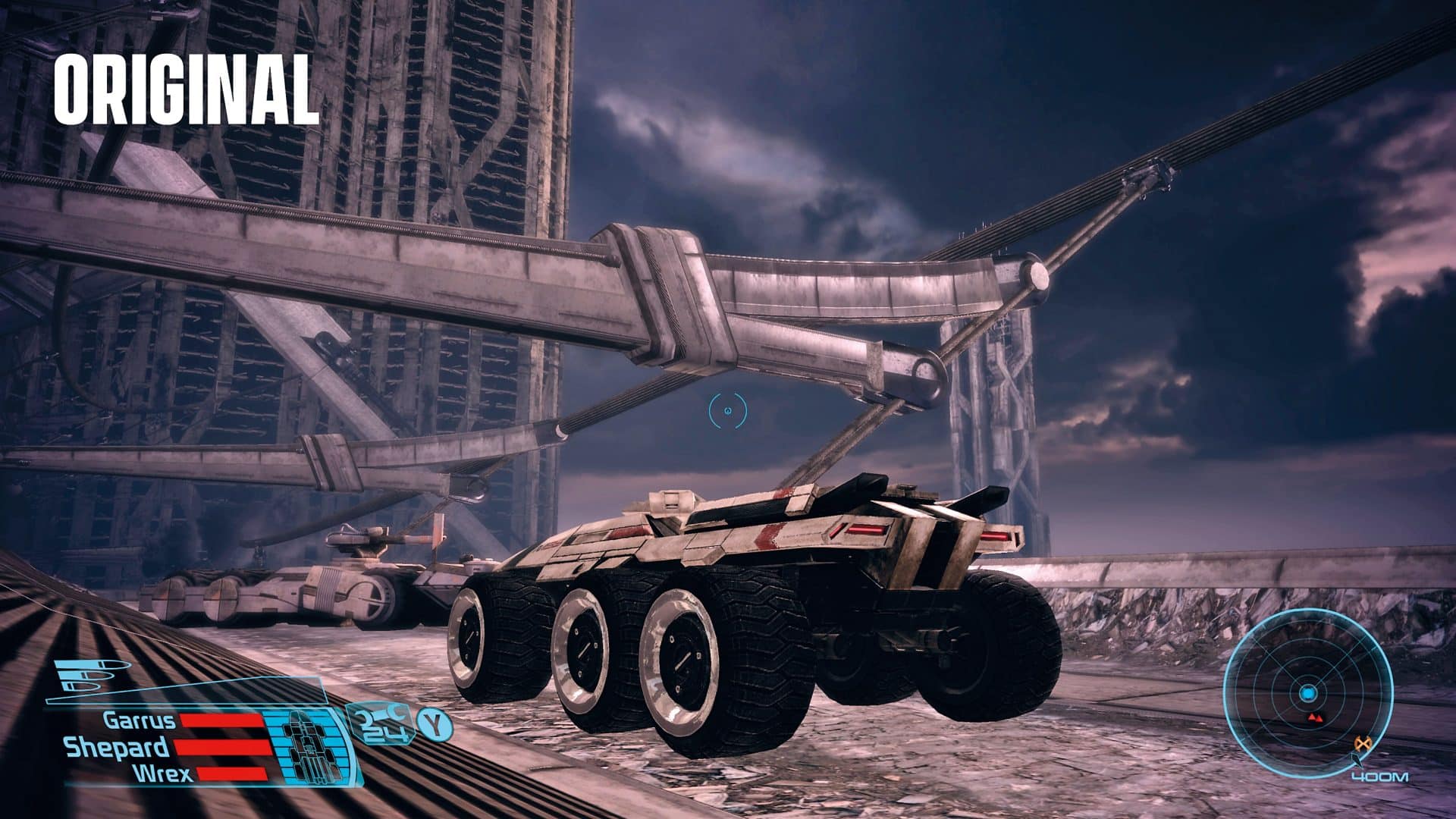 a futuristic vehicle on a rocky terrain with a large structure in the background digital production Screenshot showcasing the original graphics of a vehicle in a sci-fi setting from the game 'Mass Effect'. The image shows the rugged vehicle with a detailed background of large structures and a moody sky.
