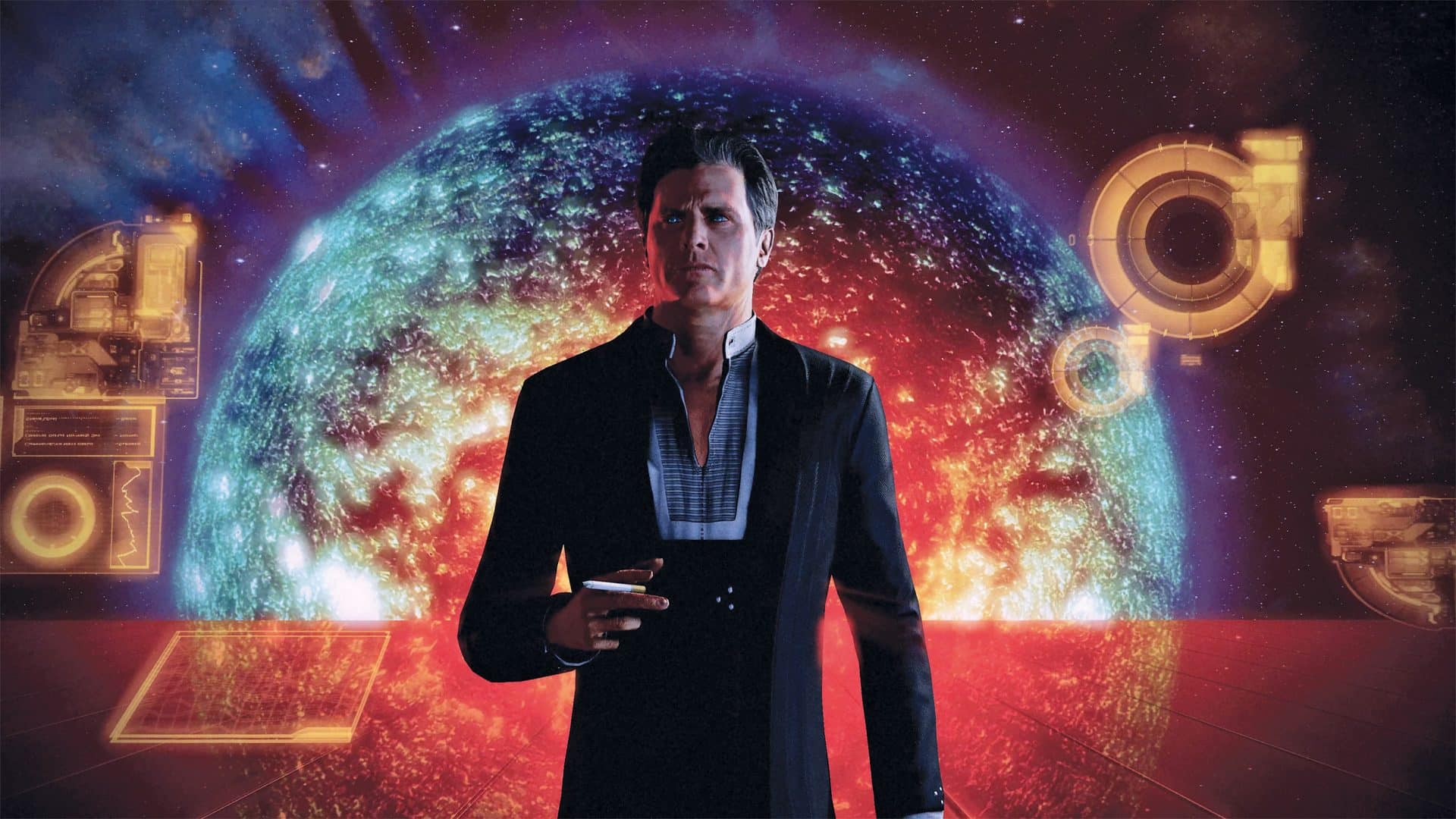 a man in a suit standing against a cosmic background with digital overlays digital production A character in a futuristic suit stands against a vibrant cosmic background, featuring a colorful planet and glowing technology interfaces.