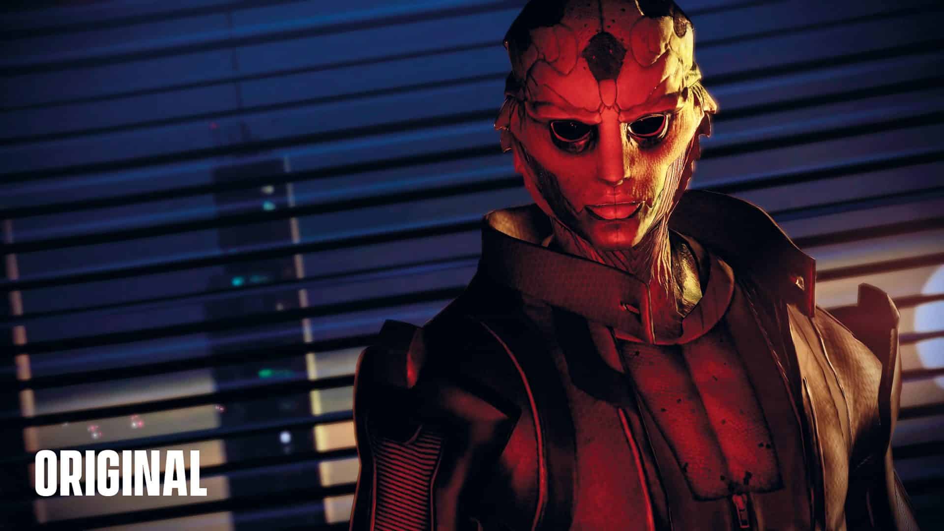 a humanoid figure in a dark suit with a stylized mask standing in front of striped blinds digital production A character from the Mass Effect video game series, standing in a dimly lit room with blinds in the background. The character has a distinct alien appearance with red tones and intricate facial details.