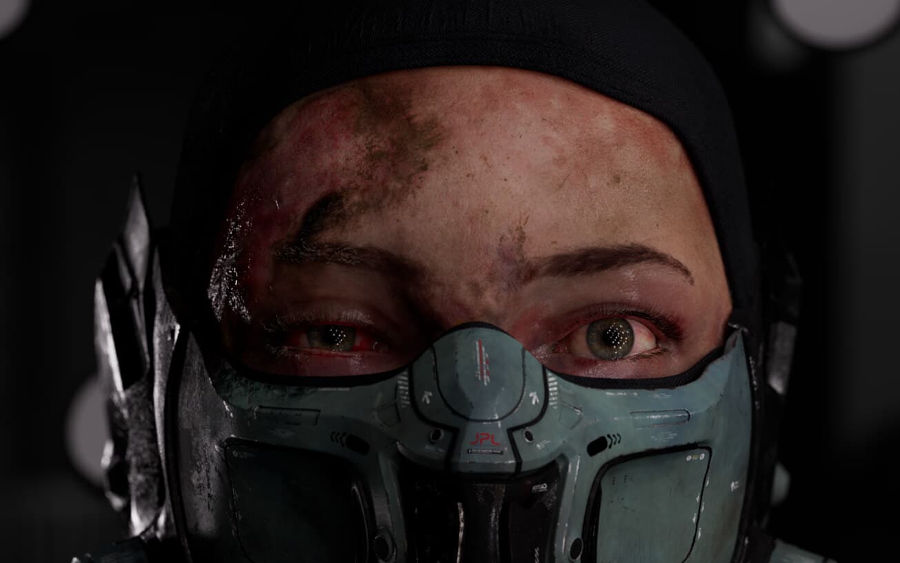 a closeup of a persons face wearing a mask with visible injuries and intense expression digital production A close-up of a person's face wearing a mask with visible injuries and intense expression.
