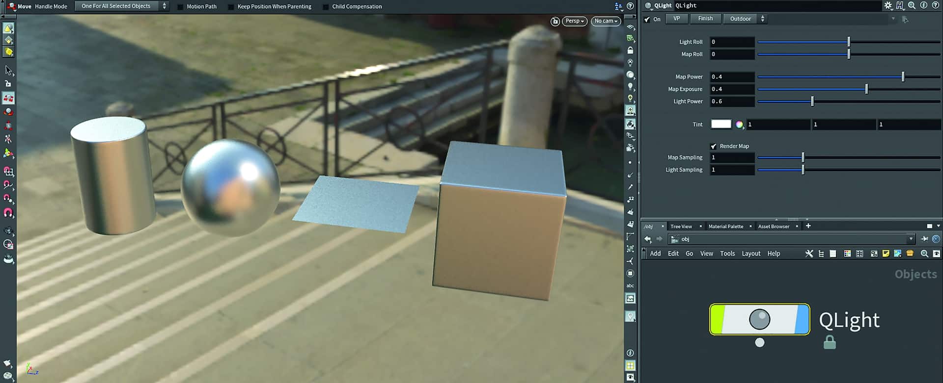 3d modeling software interface showing geometric shapes and lighting controls digital production 3D modeling software interface showing geometric shapes and lighting controls