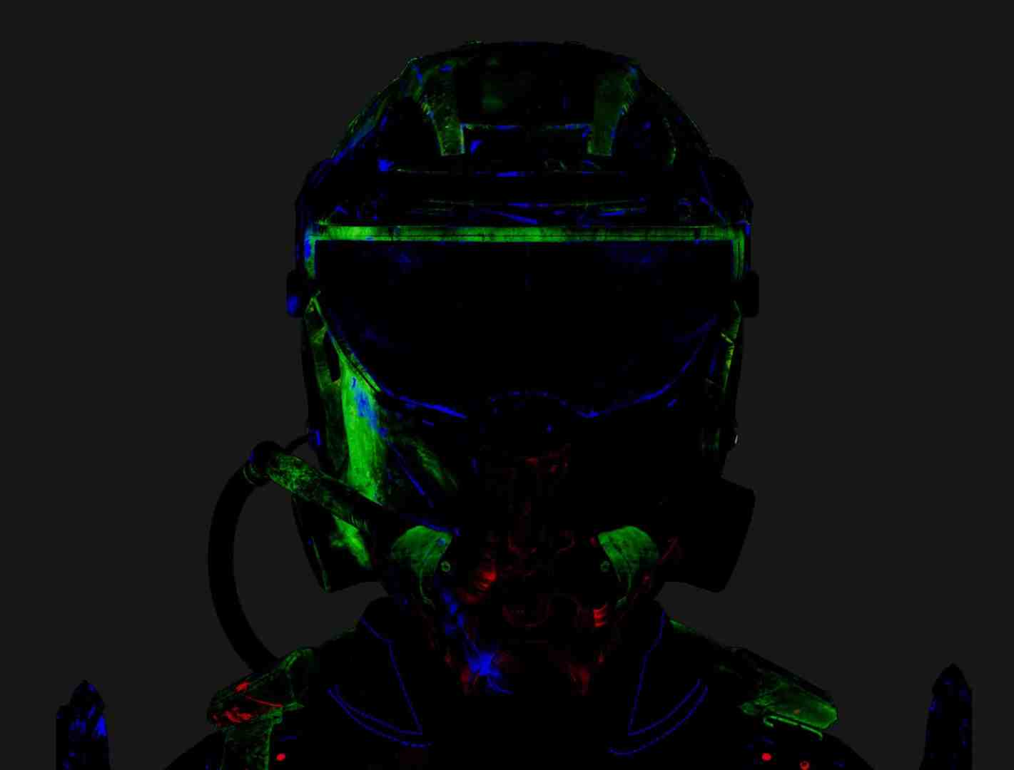 a glowing helmeted figure against a dark background digital production A glowing helmeted figure against a dark background