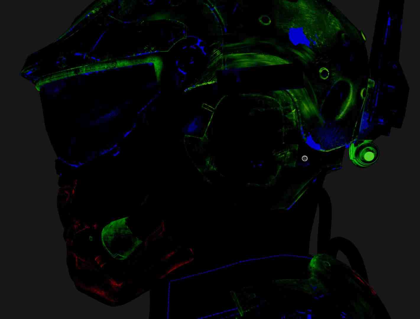 a digital illustration of a helmeted soldier in profile outlined in neon colors digital production A digital illustration of a helmeted soldier in profile, outlined in neon colors.