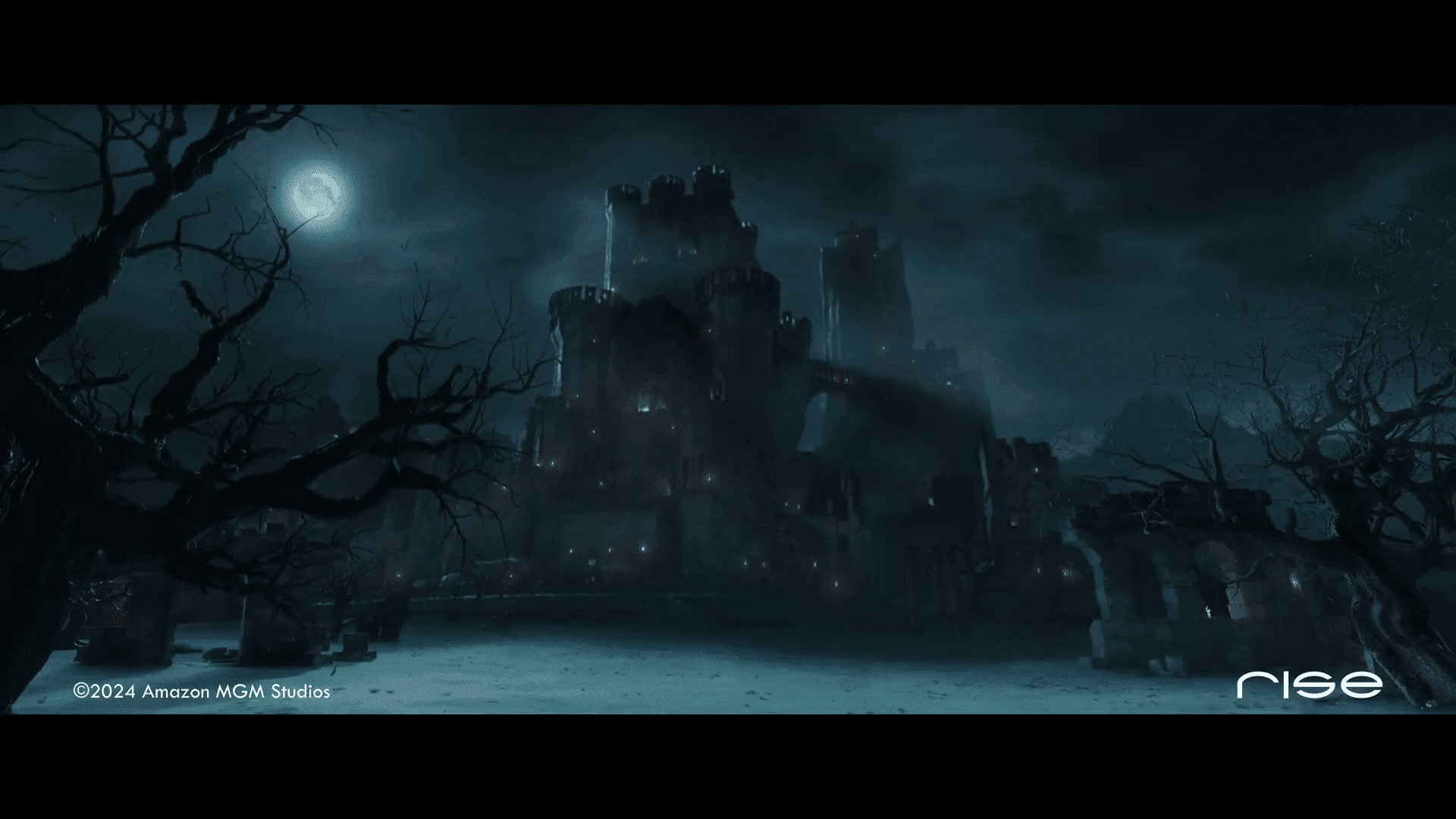 dark castle with glowing windows under a full moon digital production Dark castle with glowing windows under a full moon