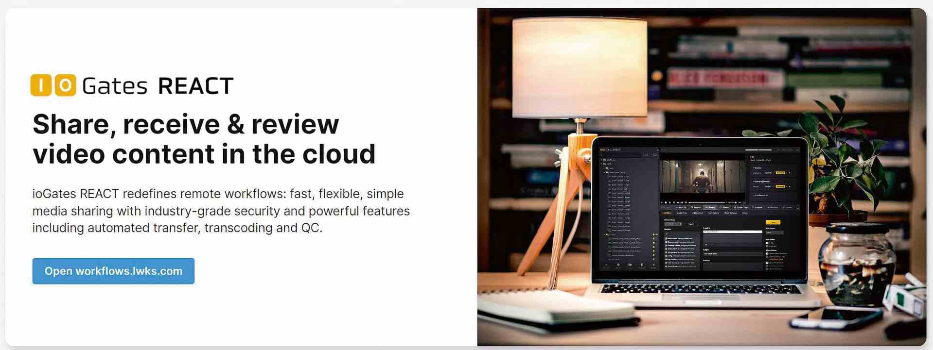 laptop displaying video content editing software on a desk with a lamp and plant digital production Laptop displaying video content editing software on a desk with a lamp and plant.