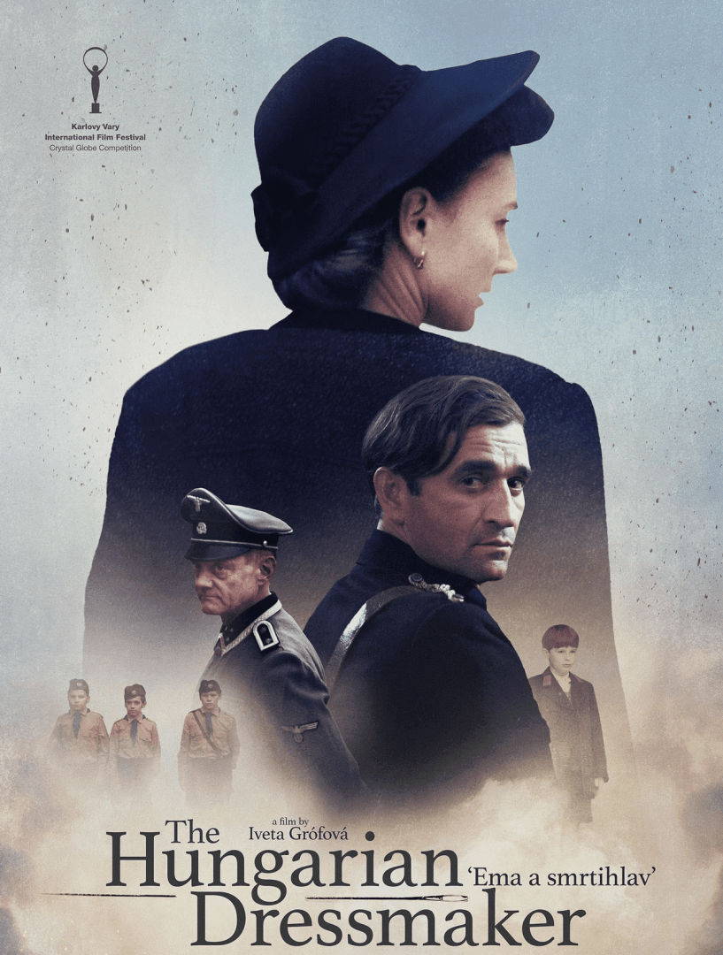 movie poster for the hungarian dressmaker featuring three characters in historical attire digital production Movie poster for 'The Hungarian Dressmaker' featuring three characters in historical attire.