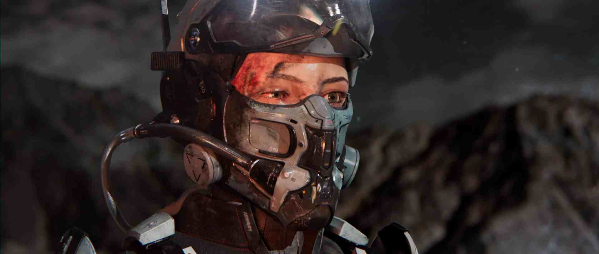 a closeup of a person in a futuristic helmet with visible facial injuries against a rocky background digital production A close-up of a person in a futuristic helmet with visible facial injuries against a rocky background.