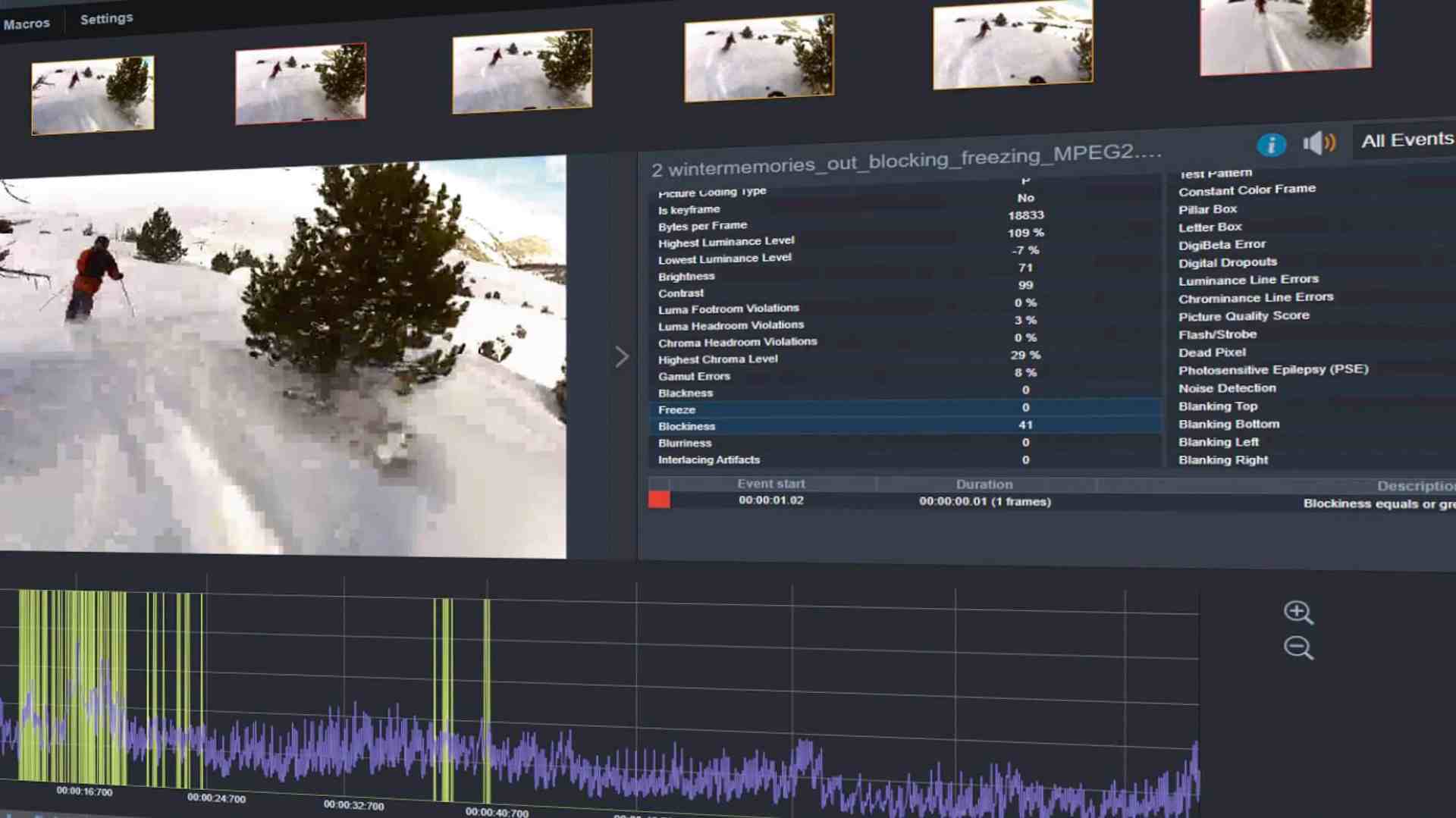 video editing interface with snowy landscape and analysis data digital production Video editing interface with snowy landscape and analysis data.