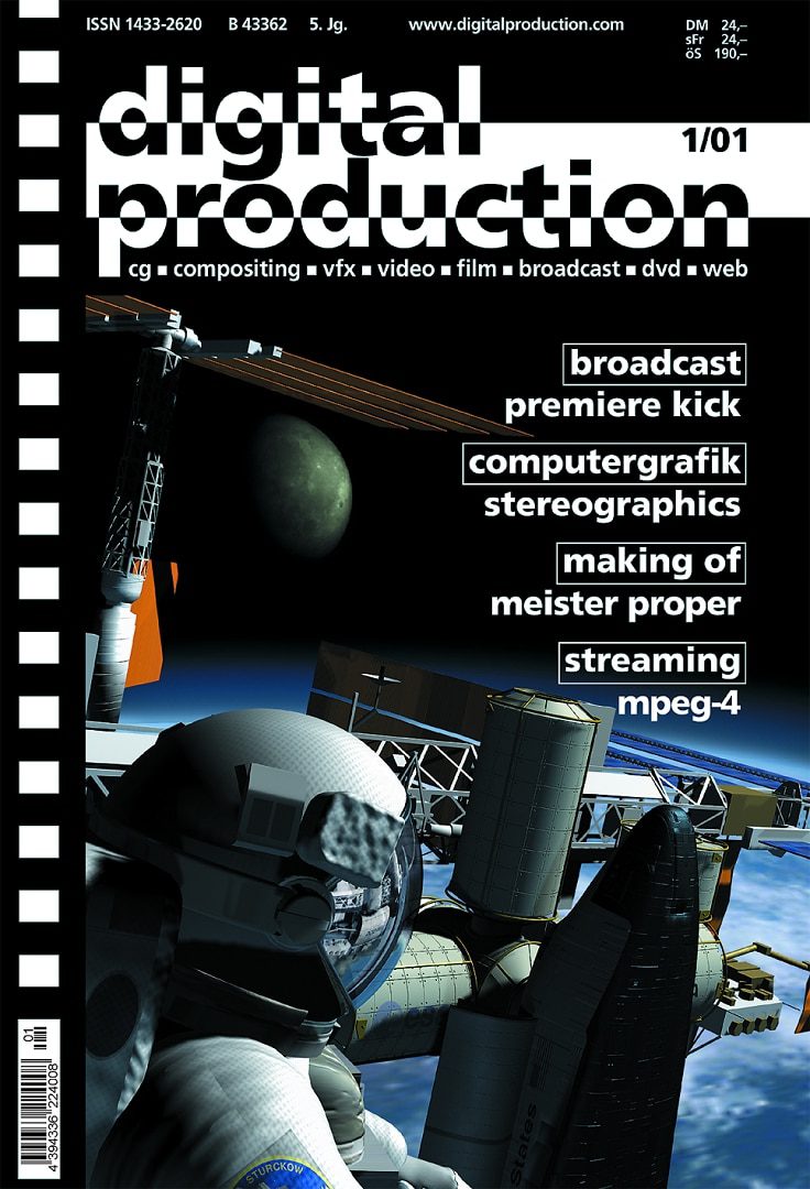 magazine cover featuring an astronaut in space with technology elements digital production Cover image of a digital publication featuring graphics related to broadcasting and computer graphics, with the text overlay detailing topics like 'premiere kick', 'stereographics', and 'making of'.