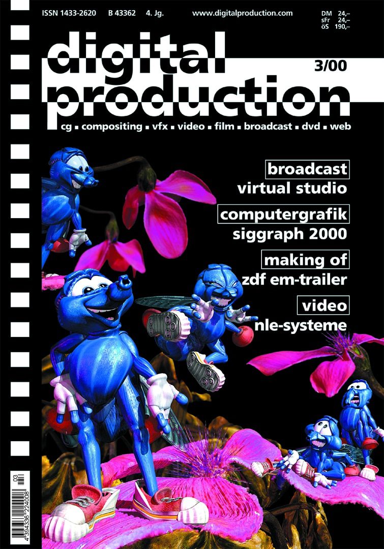 a magazine cover featuring animated blue characters among pink flowers with text about digital production topics digital production A magazine cover featuring animated blue characters among pink flowers, with text about digital production topics.