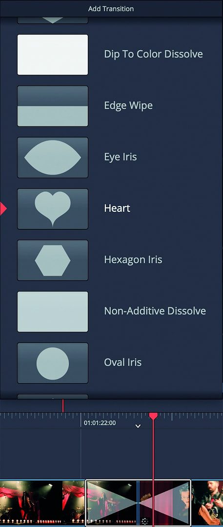 video editing software transition options displayed in a menu digital production Video editing software transition options displayed in a menu.