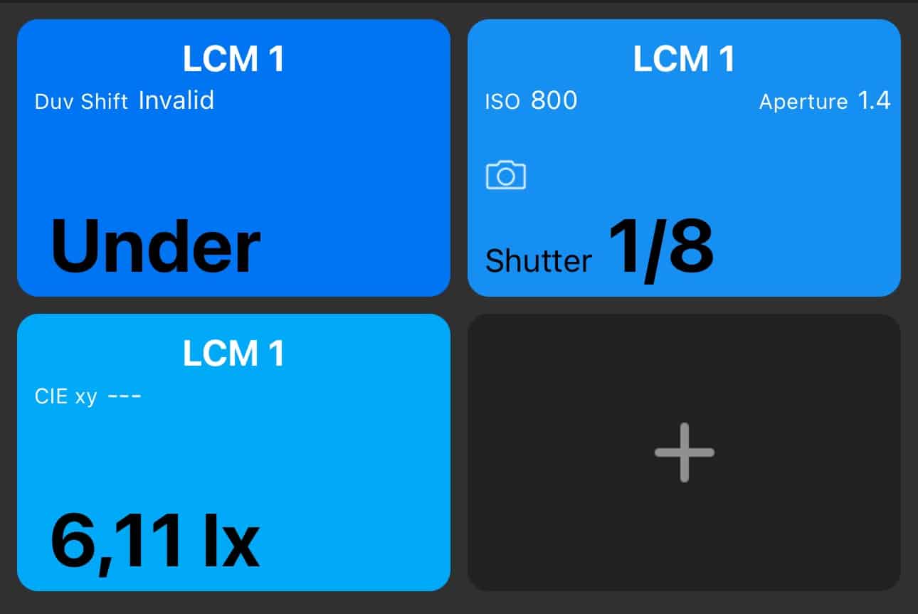 digital display with camera settings and readings digital production Screen display from a light color meter showing various settings including 'Under', ISO 800, aperture 1.4, and light intensity measurement.