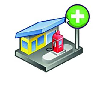 a cartoon gas station illustration with a red pump and green sign digital production A cartoon gas station illustration with a red pump and green sign.