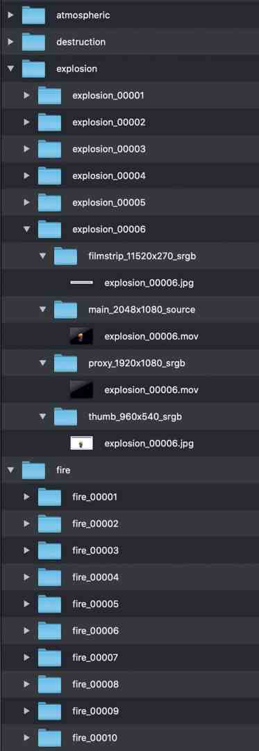 folder structure displaying explosion and fire files digital production Folder structure displaying explosion and fire files.