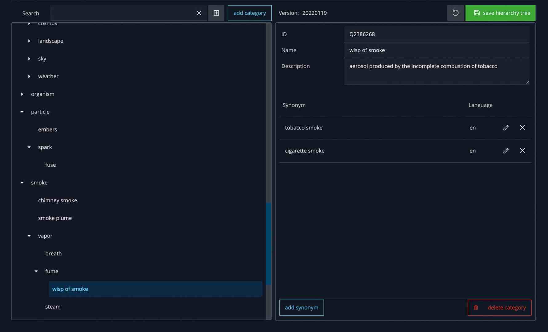 user interface displaying smokerelated categories and synonyms digital production User interface displaying smoke-related categories and synonyms