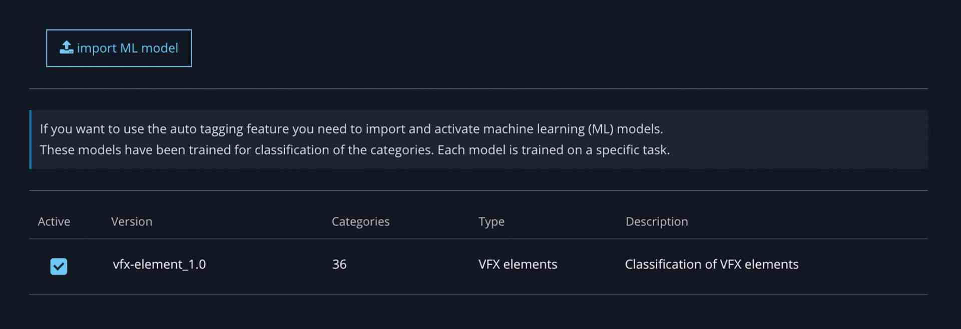 machine learning model import interface with details about vfx elements digital production Machine learning model import interface with details about VFX elements.