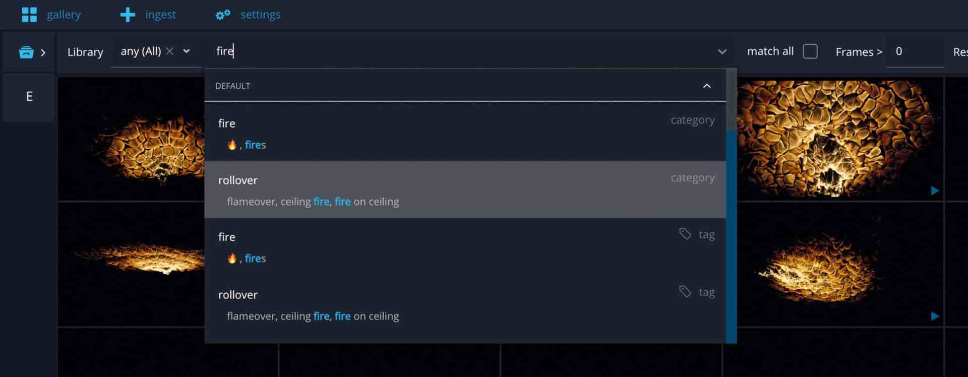 search interface with a dropdown menu showing firerelated tags digital production Search interface with a dropdown menu showing fire-related tags