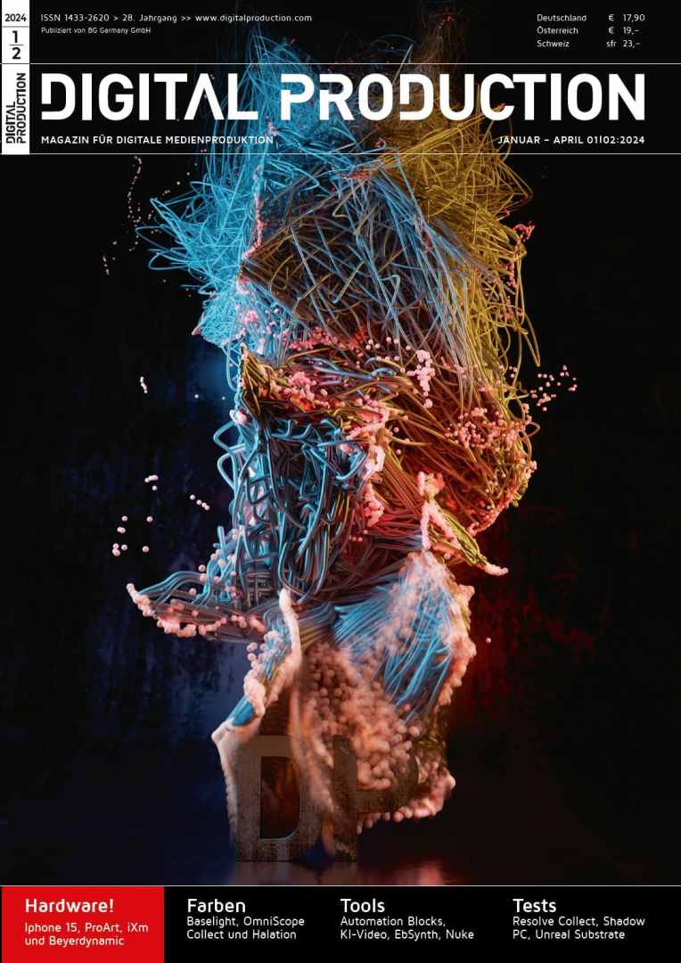 colorful abstract portrait on magazine cover digital production A vibrant abstract representation of a human face made of colorful, intertwining lines and shapes against a dark background.