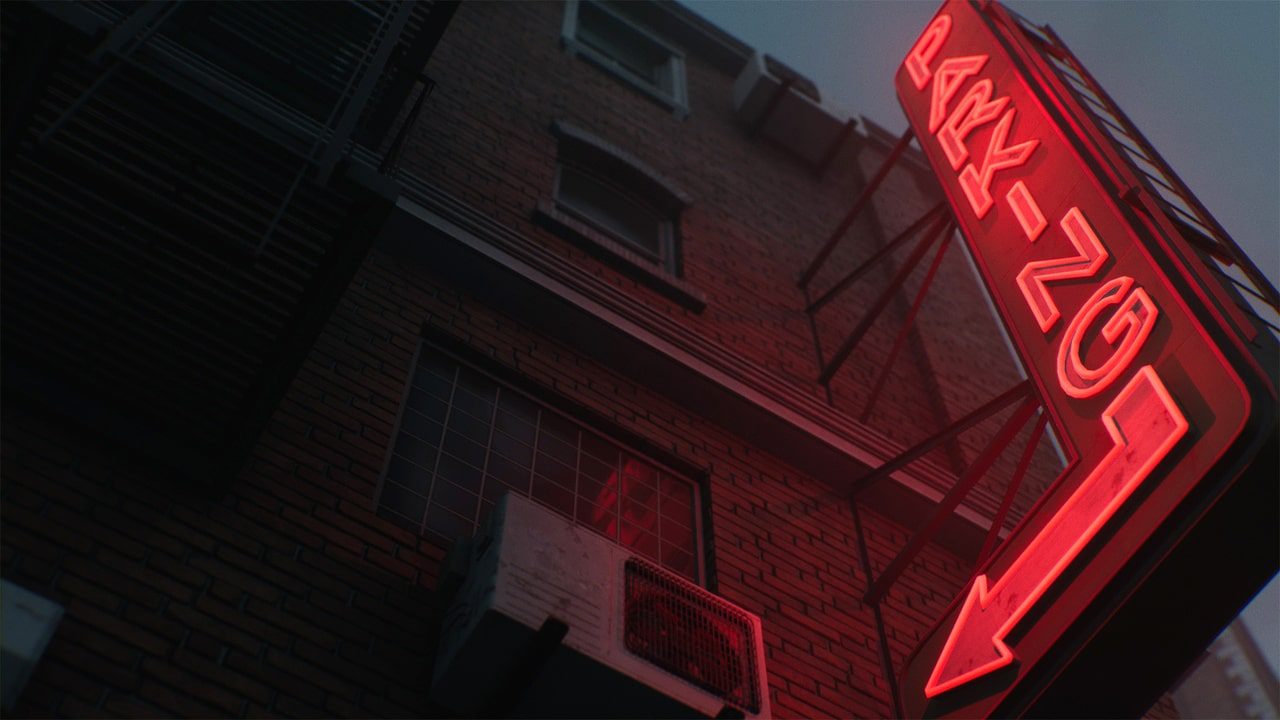 neon sign on a brick building digital production A low-angle view of a brick building featuring a glowing red neon sign that reads '24/7' and an air conditioning unit mounted below the window.