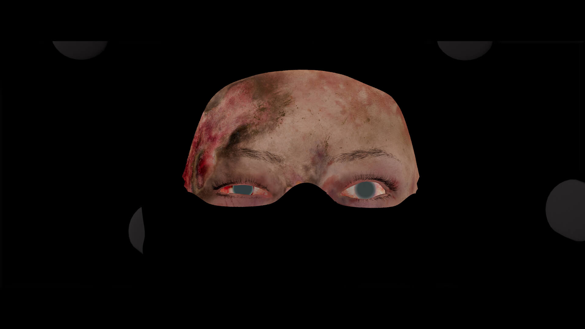 a closeup of eyes and a partially visible face with skin imperfections against a black background digital production A close-up of eyes and a partially visible face with skin imperfections against a black background.