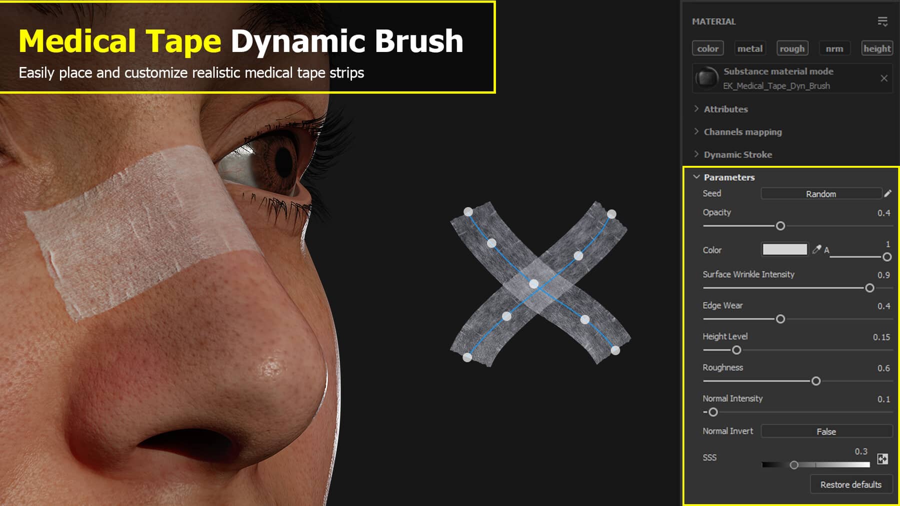 closeup of a persons face with medical tape on the skin and a software interface for digital customization digital production Close-up of a person's face with medical tape on the skin and a software interface for digital customization.
