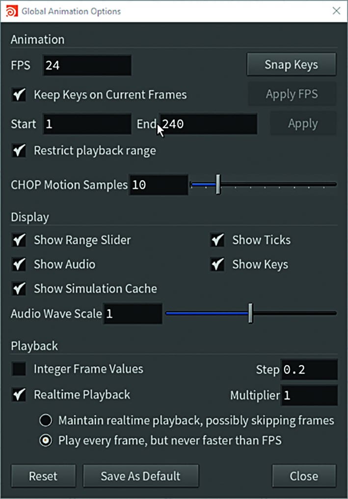 animation options settings window with various sliders and checkboxes digital production Animation options settings window with various sliders and checkboxes.