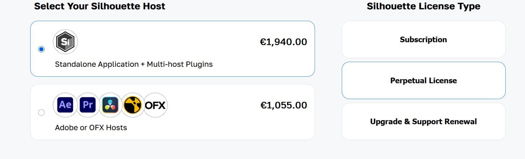 a pricing selection screen for silhouette software displaying two options standalone application multihost plugins for €194000 and adobe or ofx hosts for €105500 along with license type options for subscription and perpetual license digital production A pricing selection screen for Silhouette software, displaying two options: 'Standalone Application + Multi-host Plugins' for €1,940.00 and 'Adobe or OFX Hosts' for €1,055.00, along with license type options for Subscription and Perpetual License.