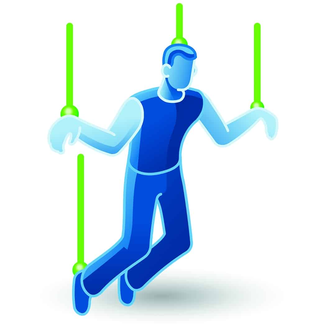 a blue figure resembling a marionette suspended by green strings digital production A blue figure resembling a marionette suspended by green strings.