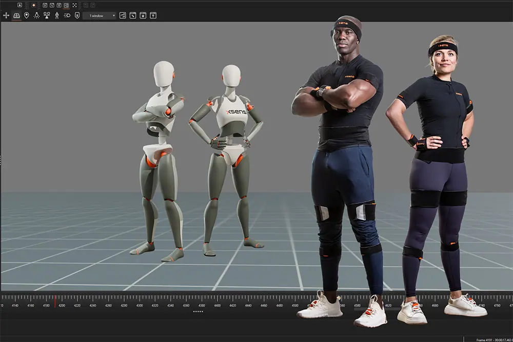 two 3d character models and male and female athletes standing in a virtual environment digital production Two 3D character models and male and female athletes standing in a virtual environment.