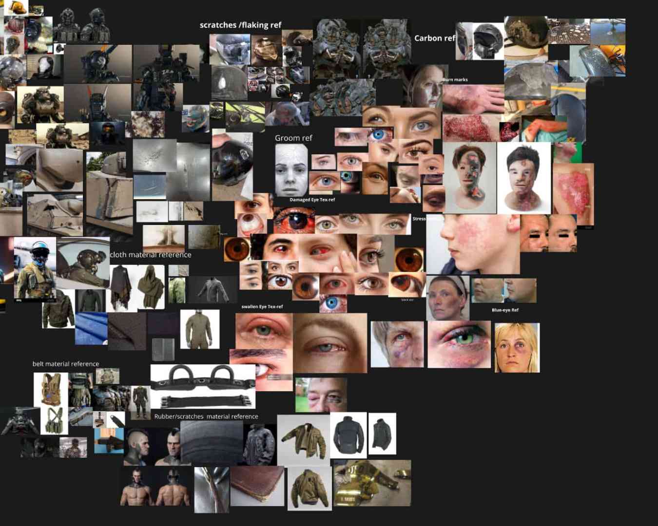 a collage of various reference images including military gear skin textures and facial features digital production A collage of various reference images including military gear, skin textures, and facial features.