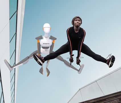 athlete jumping alongside a digital avatar in midair digital production https://www.movella.com/hs-fs/hubfs/robot_and_women.jpg?width=425&name=robot_and_women.jpg