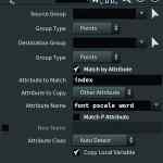 software interface for attribute manipulation with settings for source and destination groups attributes and names digital production Software interface for attribute manipulation with settings for source and destination groups, attributes, and names.