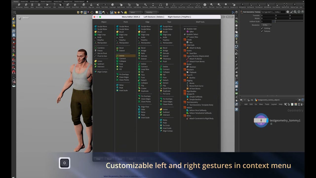 a 3d character model of a man with short hair and muscular build stands beside a software interface displaying a list of customizable commands the background software includes a context menu for left and right gestures with an emphasis on user customization digital production A 3D character model of a man with short hair and muscular build stands beside a software interface displaying a list of customizable commands. The background software includes a context menu for left and right gestures, with an emphasis on user customization.