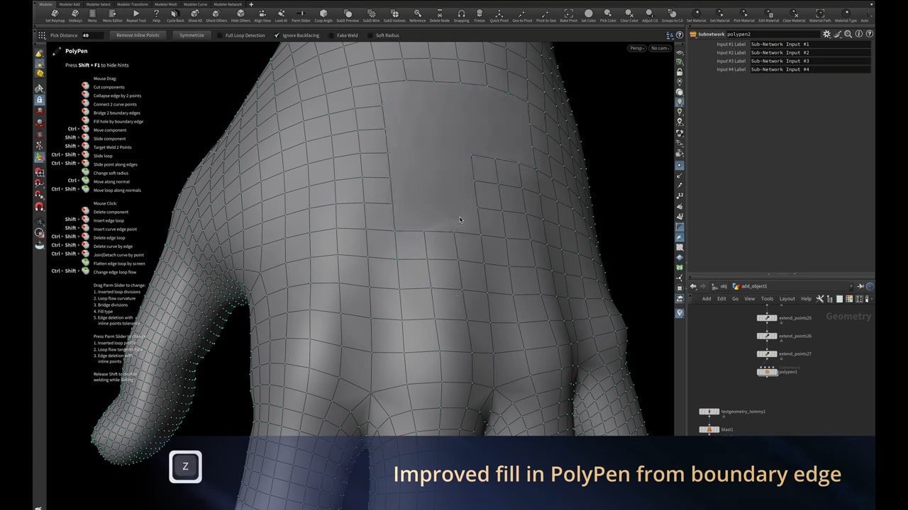 a closeup of a 3d modeling software interface showcasing a hand model with a grid overlay the screen displays tools and features related to polypen highlighting improved fill from boundary edges a sidebar lists various options and settings digital production A close-up of a 3D modeling software interface showcasing a hand model with a grid overlay. The screen displays tools and features related to PolyPen, highlighting improved fill from boundary edges. A sidebar lists various options and settings.