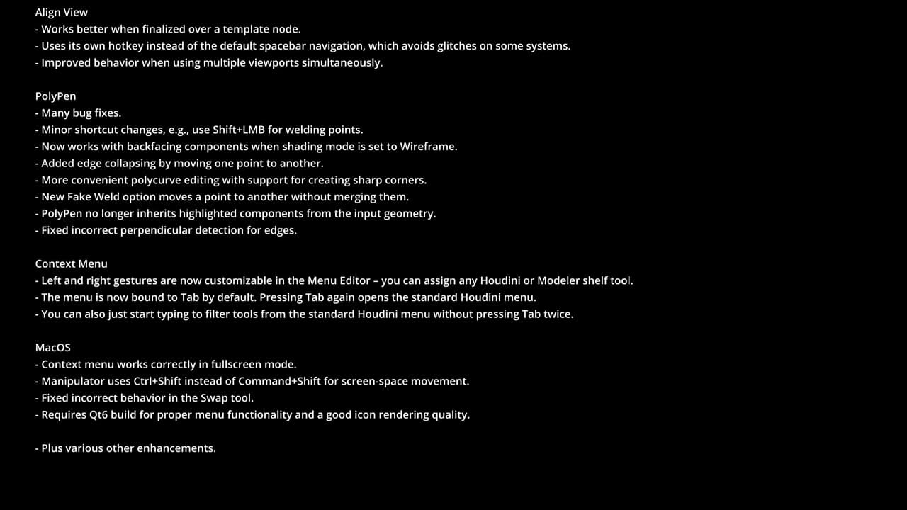 a text document featuring software update notes including features like improved align view polypen bug fixes context menu customization and macos functionality enhancements background is black with white text for clarity digital production A text document featuring software update notes, including features like improved align view, polyPen bug fixes, context menu customization, and macOS functionality enhancements. Background is black with white text for clarity.