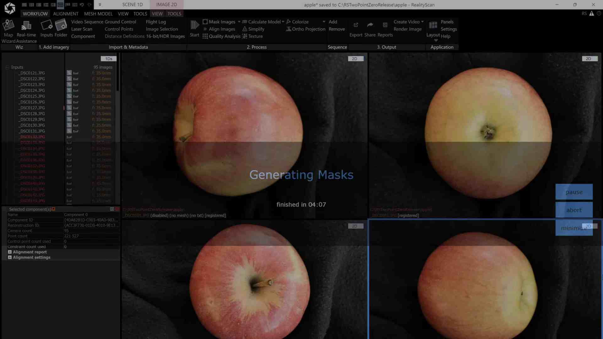 a closeup view of a red apple displayed on a black surface with multiple images of the apple in various angles arranged in a grid a progress message showing generating masks is visible in the center of the image digital production A close-up view of a red apple displayed on a black surface, with multiple images of the apple in various angles arranged in a grid. A progress message showing 'Generating Masks' is visible in the center of the image.