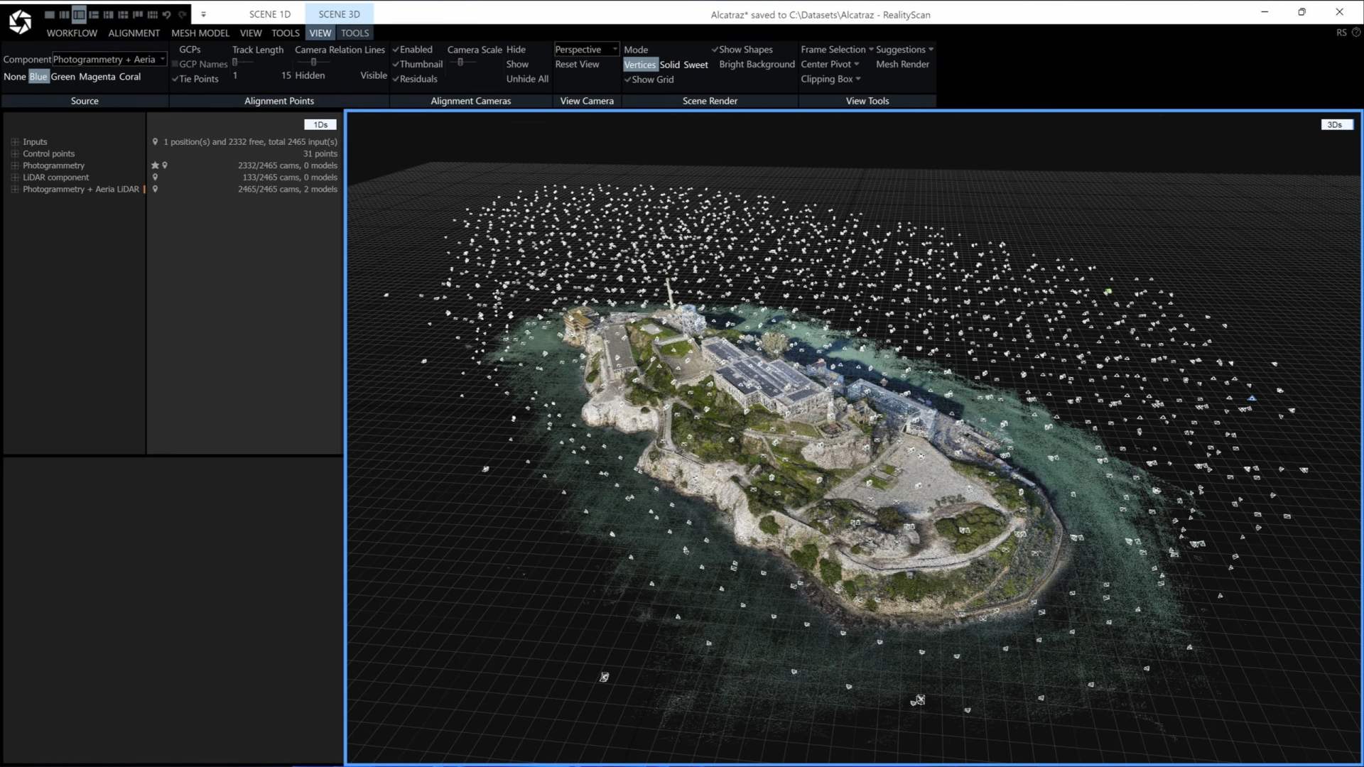 a 3d model of an island displayed on a computer interface showing detailed terrain features water surrounding the land and graphical data points scattered around the viewing area includes a grid for spatial reference digital production A 3D model of an island displayed on a computer interface, showing detailed terrain features, water surrounding the land, and graphical data points scattered around. The viewing area includes a grid for spatial reference.
