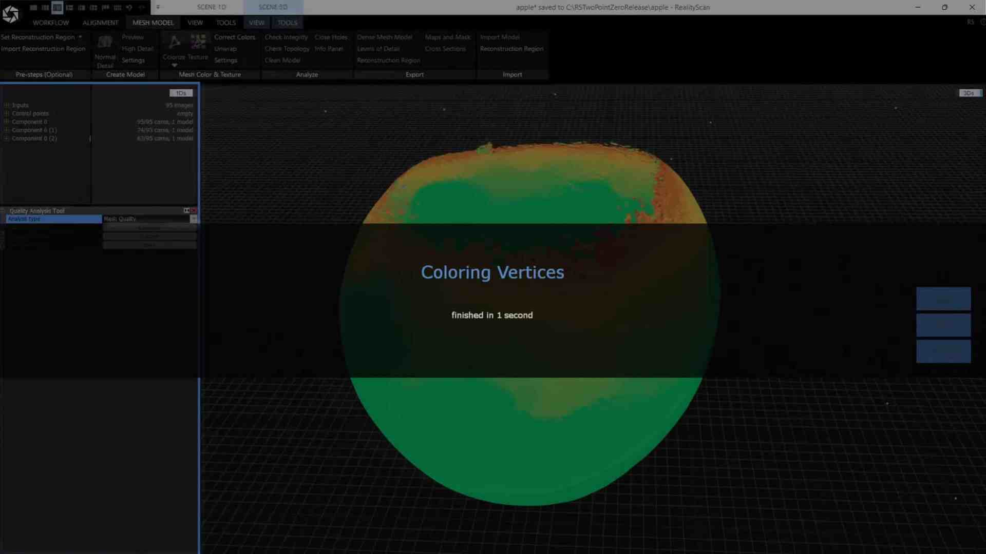 a computer screen displaying a 3d model of a sphere with a gradient color scheme the overlay text reads coloring vertices with a completion status indicating finished in 1 second in the center the background shows a grid pattern typical of 3d design software digital production A computer screen displaying a 3D model of a sphere with a gradient color scheme. The overlay text reads, 'Coloring Vertices,' with a completion status indicating 'finished in 1 second' in the center. The background shows a grid pattern, typical of 3D design software.