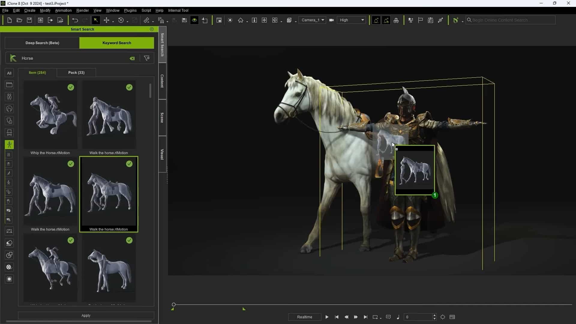 a 3d modeling software interface displaying a knight in armor standing next to a white horse on the left there are various options for 3d horse models the background is dark emphasizing the figures digital production A 3D modeling software interface displaying a knight in armor standing next to a white horse. On the left, there are various options for 3D horse models. The background is dark, emphasizing the figures.