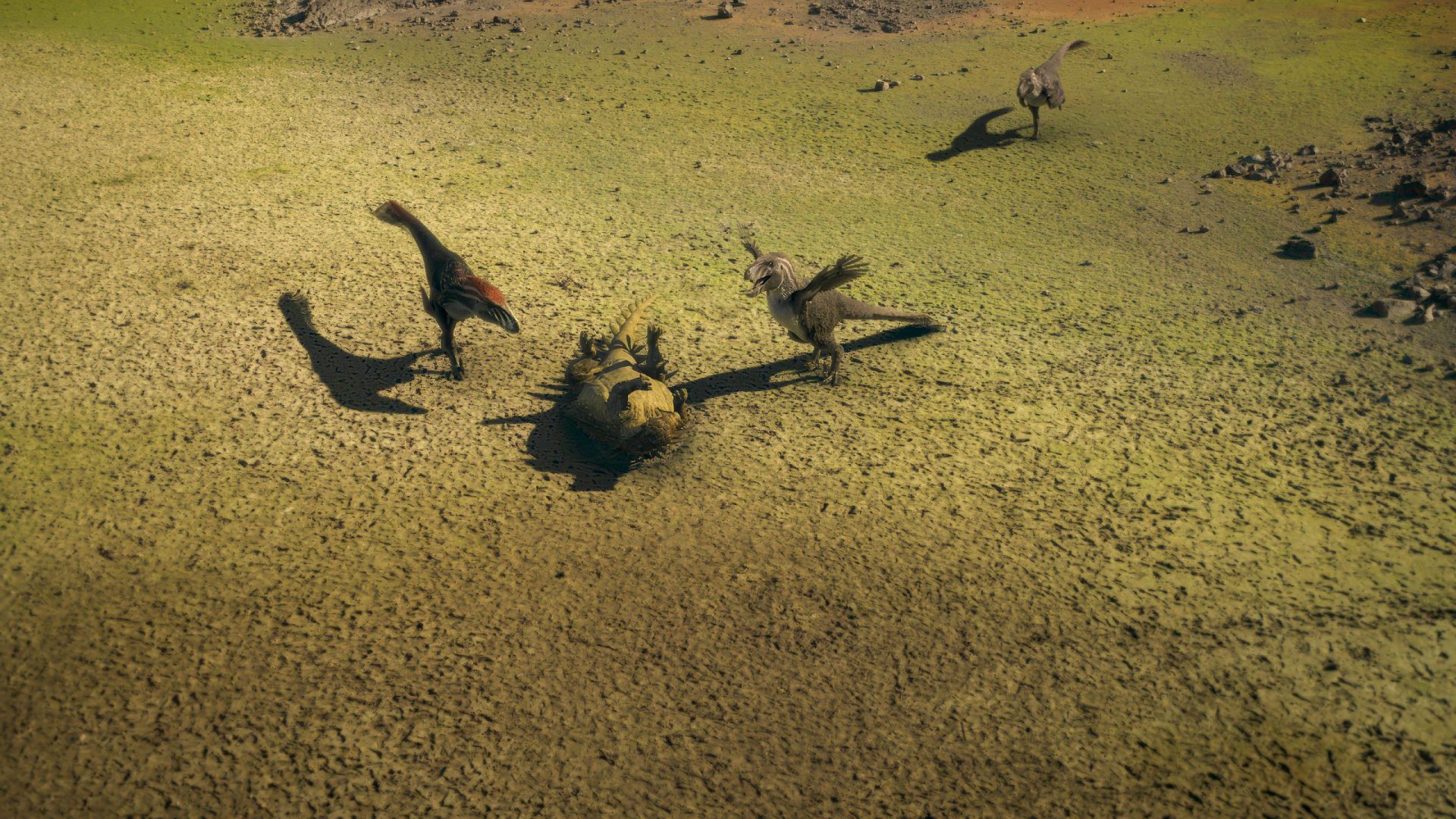 a scene depicting three small dinosaurs possibly velociraptors interacting over a large fallen creature lying on a textured dry terrain with a muted color palette shadows cast on the ground enhance the dynamic between the dinosaurs and their environment digital production A scene depicting three small dinosaurs, possibly velociraptors, interacting over a large, fallen creature lying on a textured, dry terrain with a muted color palette. Shadows cast on the ground enhance the dynamic between the dinosaurs and their environment.