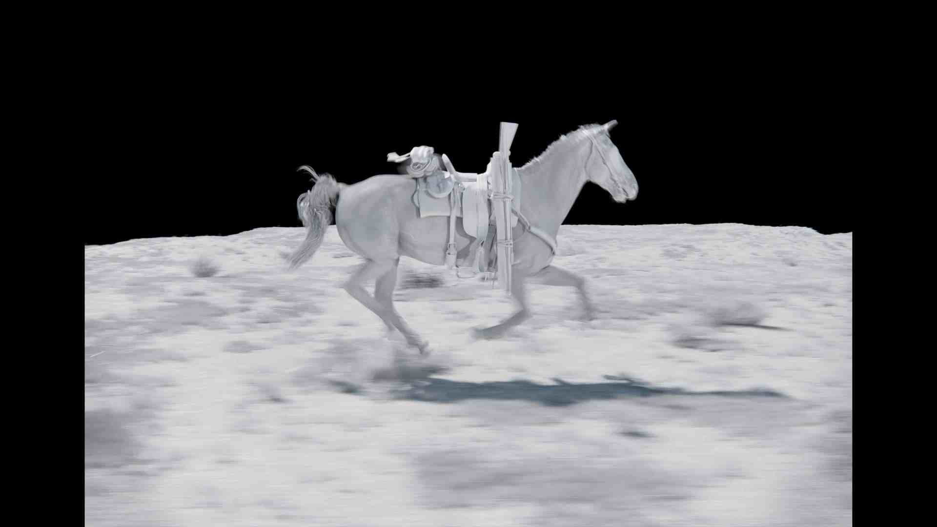 a rider on a galloping white horse with a rifle slung over the saddle set against a black background the landscape appears flat and desolate digital production A rider on a galloping white horse with a rifle slung over the saddle, set against a black background. The landscape appears flat and desolate.