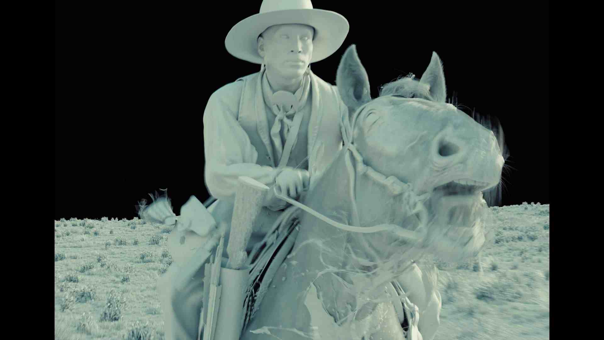 a monochromatic image of a cowboy on a horse wearing a hat and holding a rifle with the landscape appearing desolate in the background digital production A monochromatic image of a cowboy on a horse, wearing a hat and holding a rifle, with the landscape appearing desolate in the background.