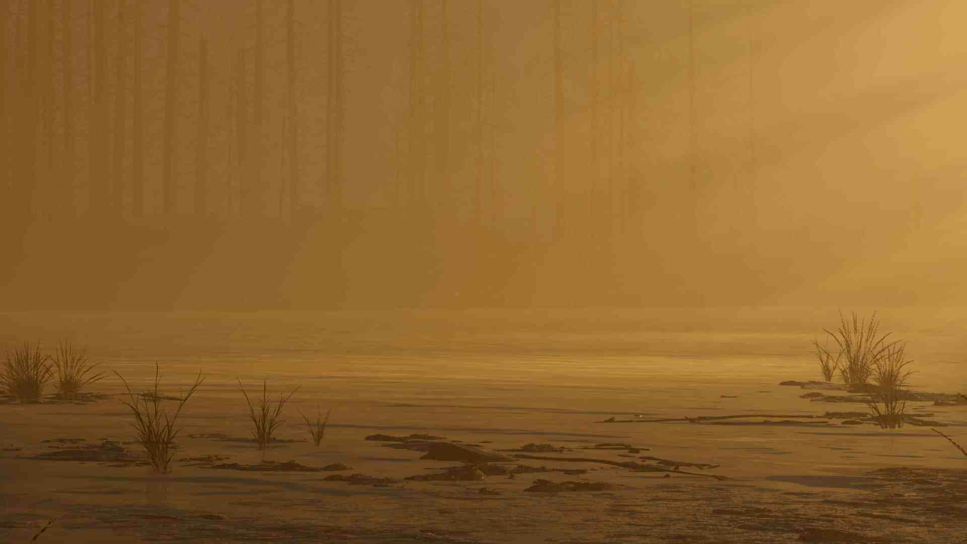 a serene landscape bathed in golden light with mist rising over a frozen lake sparse grasses and rocks are visible on the ice while tall shadowy trees line the background creating a tranquil atmosphere digital production A serene landscape bathed in golden light, with mist rising over a frozen lake. Sparse grasses and rocks are visible on the ice, while tall, shadowy trees line the background, creating a tranquil atmosphere.