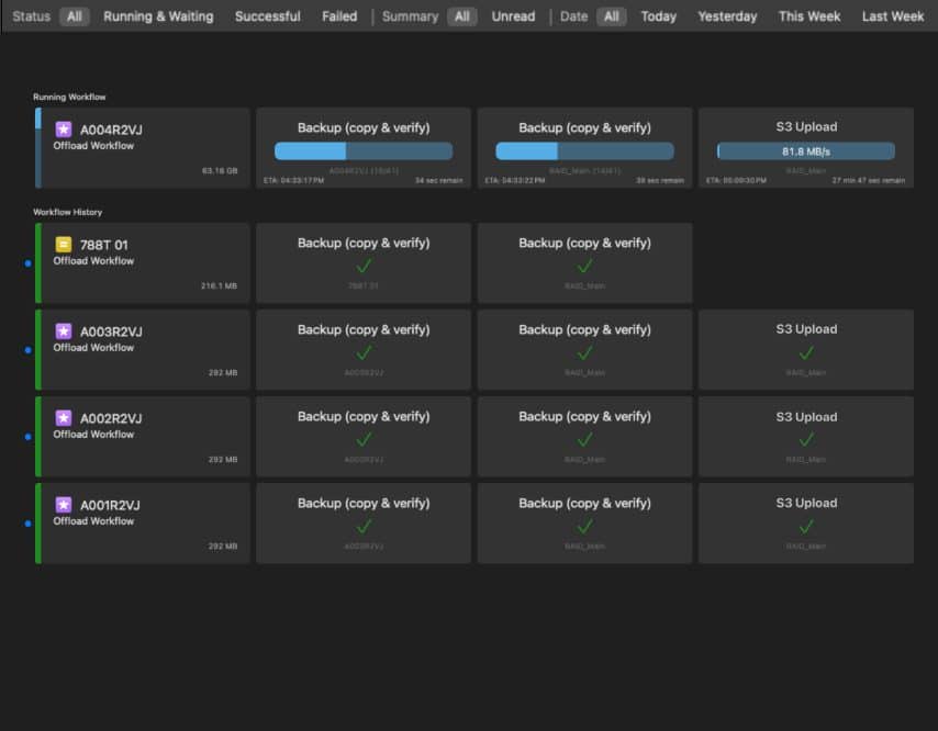 a digital dashboard displaying the status of backup workflows the running workflow section shows ongoing backups and uploads the workflow history section lists completed workflows with success notifications and timestamps digital production A digital dashboard displaying the status of backup workflows. The 'Running Workflow' section shows ongoing backups and uploads. The 'Workflow History' section lists completed workflows with success notifications and timestamps.