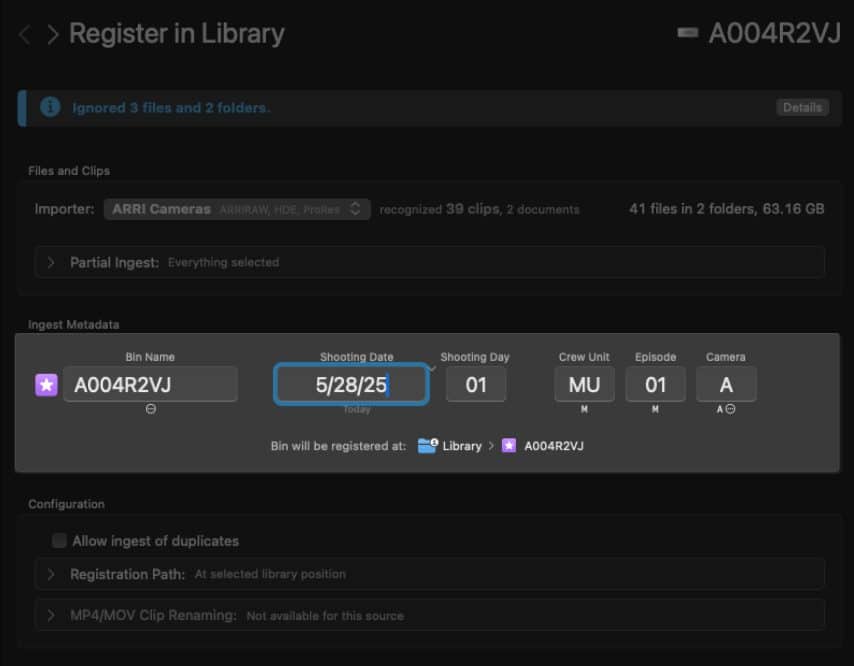a computer screen displaying a software interface for registering files in a library showing metadata including bin name shooting date shooting day crew unit episode and camera details against a dark background digital production A computer screen displaying a software interface for registering files in a library, showing metadata including bin name, shooting date, shooting day, crew unit, episode, and camera details, against a dark background.