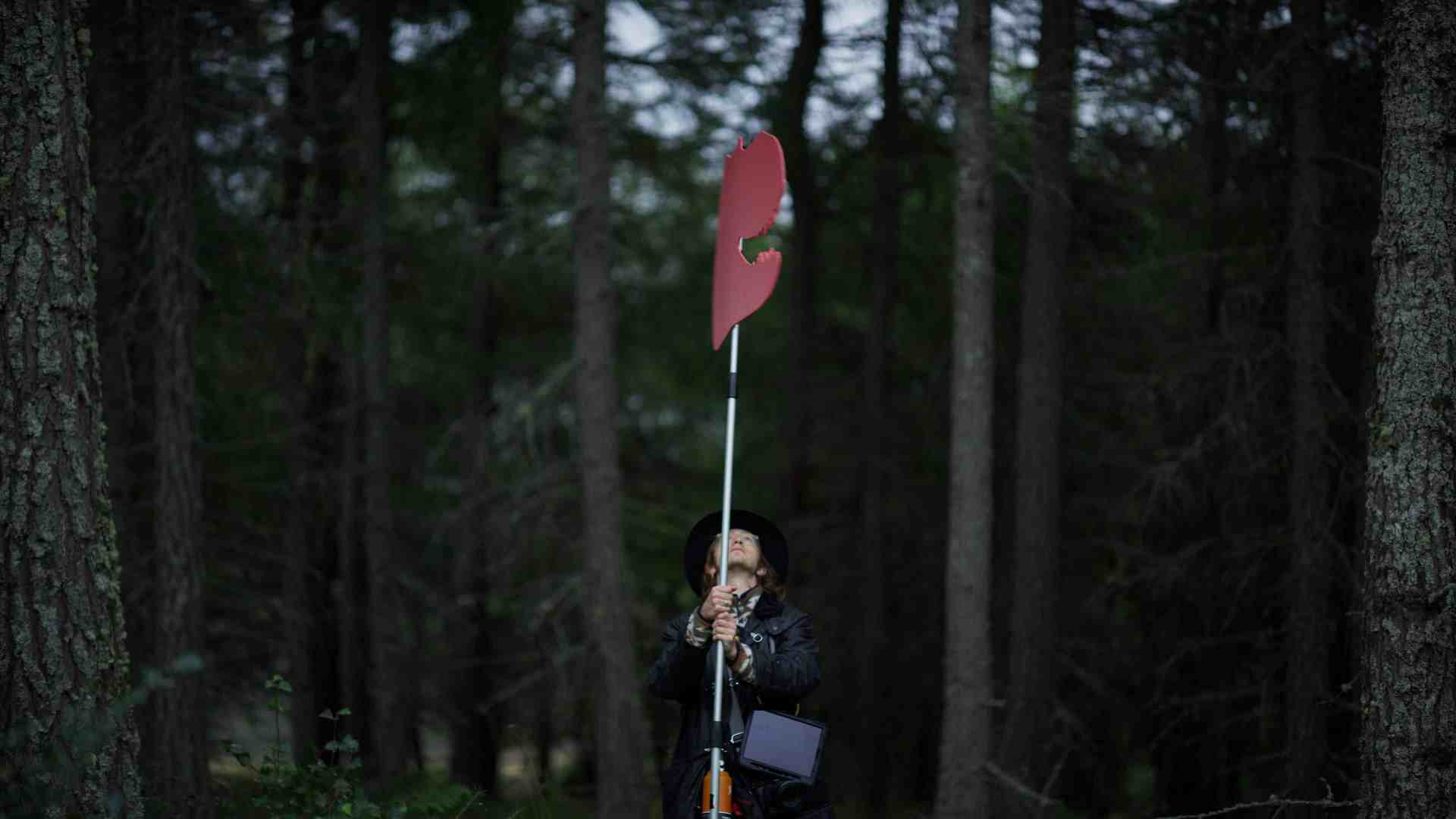 a person holding a large red heartshaped sign on a stick standing in a dense forest with tall trees the scene is dimly lit creating a serene atmosphere as the individual looks upward engaged with their surroundings digital production A person holding a large red heart-shaped sign on a stick, standing in a dense forest with tall trees. The scene is dimly lit, creating a serene atmosphere as the individual looks upward, engaged with their surroundings.