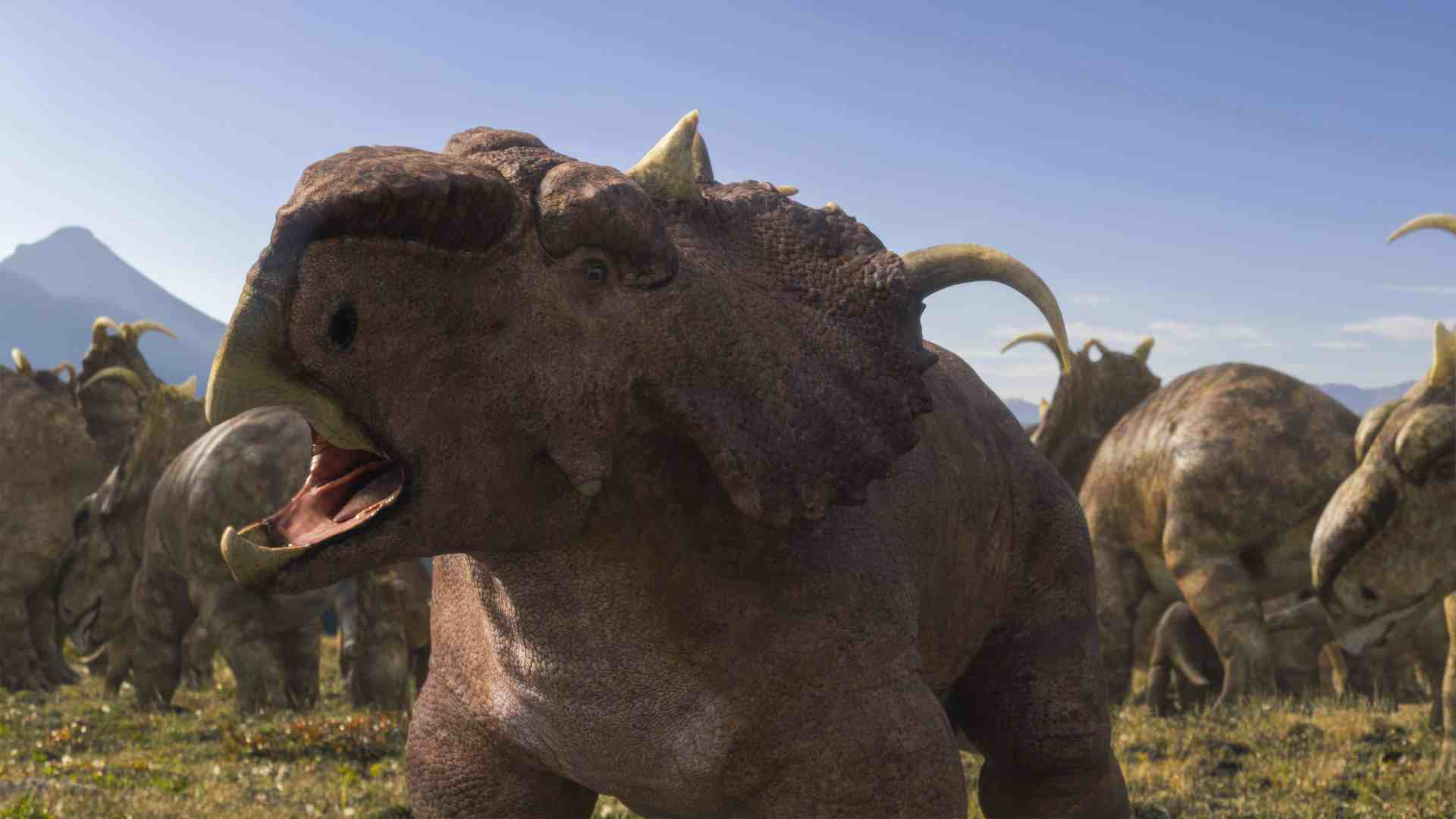 a closeup of a large horned dinosaur with a textured skin in a vivid landscape in the background a herd of similar dinosaurs grazes under a clear blue sky and distant mountains digital production A close-up of a large, horned dinosaur with a textured skin in a vivid landscape. In the background, a herd of similar dinosaurs grazes under a clear blue sky and distant mountains.
