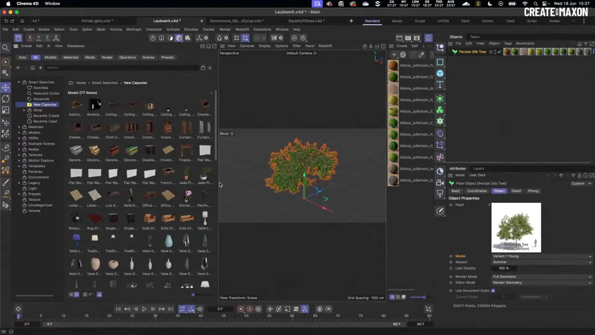 a digital interface showing a 3d modeling software with a vibrant green tree model in the center various design assets including textures and materials are displayed on the left side while a preview of the tree appears on the right the background features a dark theme for enhanced visibility digital production A digital interface showing a 3D modeling software with a vibrant green tree model in the center. Various design assets, including textures and materials, are displayed on the left side, while a preview of the tree appears on the right. The background features a dark theme for enhanced visibility.