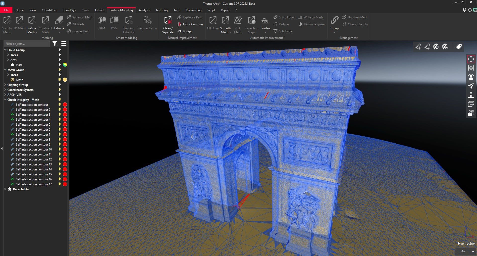 a 3d model of an archway displayed in a software interface featuring intricate details and textures the model is highlighted in blue against a dark background with various toolbars and layers visible on the screen digital production A 3D model of an archway displayed in a software interface, featuring intricate details and textures. The model is highlighted in blue against a dark background, with various toolbars and layers visible on the screen.