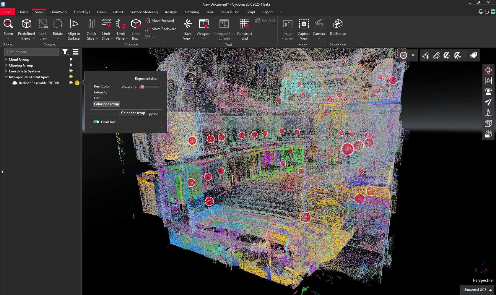 a detailed 3d scan visualization displaying a complex structure with colorful point cloud data and highlighted markers for navigation shown in a software interface digital production A detailed 3D scan visualization displaying a complex structure with colorful point cloud data and highlighted markers for navigation, shown in a software interface.